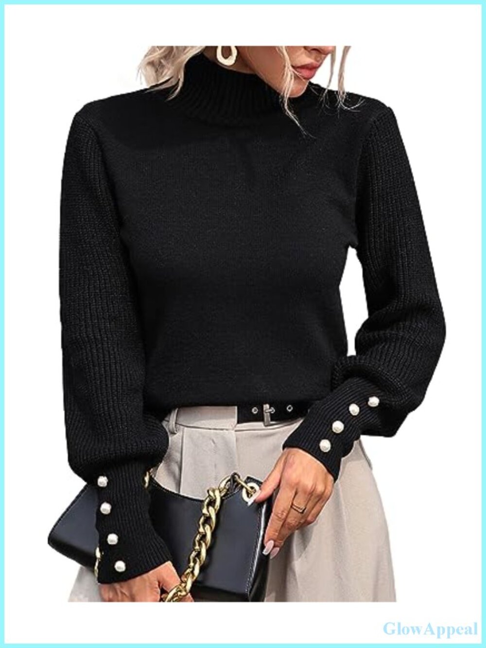 Women's Mock Turtleneck Knitted Pullover Sweater Lantern Sleeve